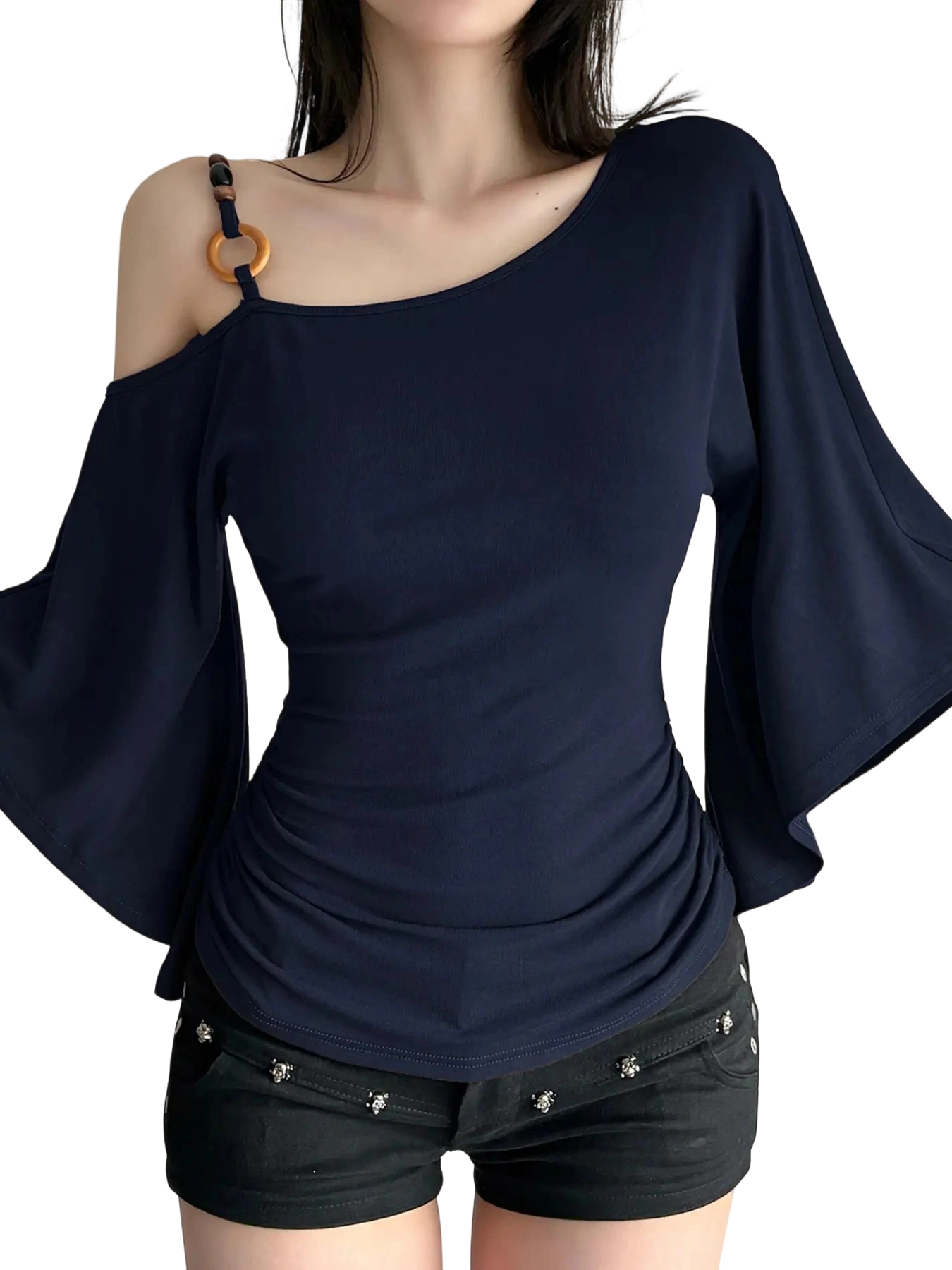 Women’s Retro Ethnic Beaded Asymmetrical Shoulder Flounce Sleeve Flared Top