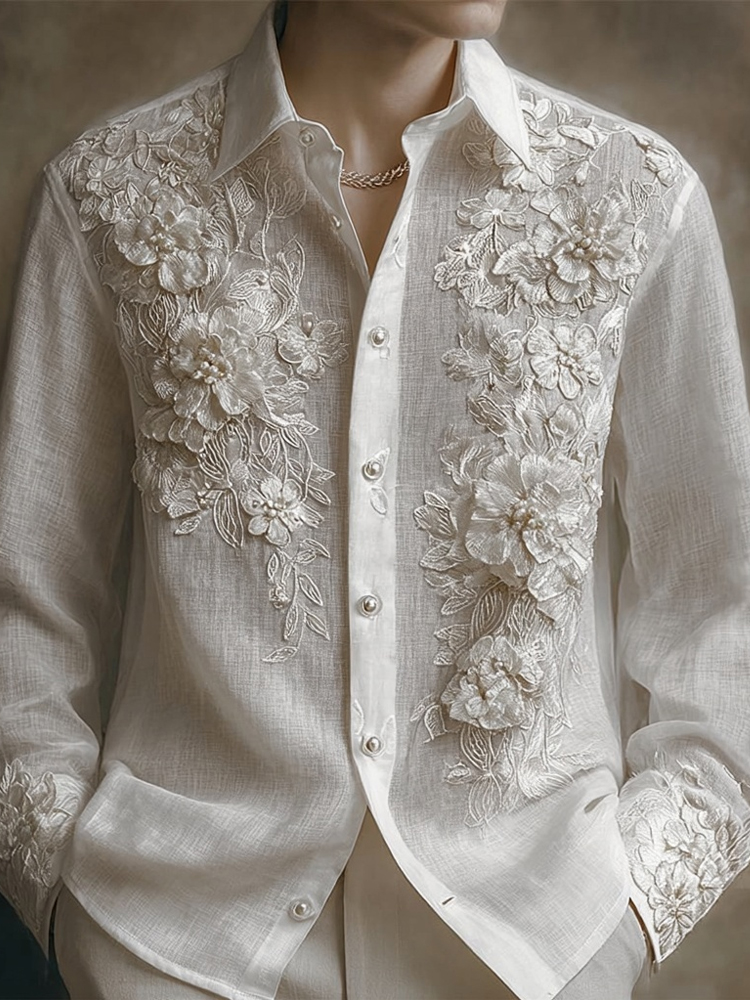 Men's Vintage Floral Lace Embroidered Linen Blouse