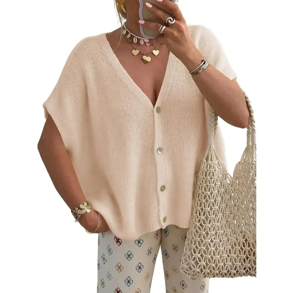 Womens Fall Oversized Cardigans Batwing Short Sleeve Lightweight Button V Neck Casual Knit Sweater Tops