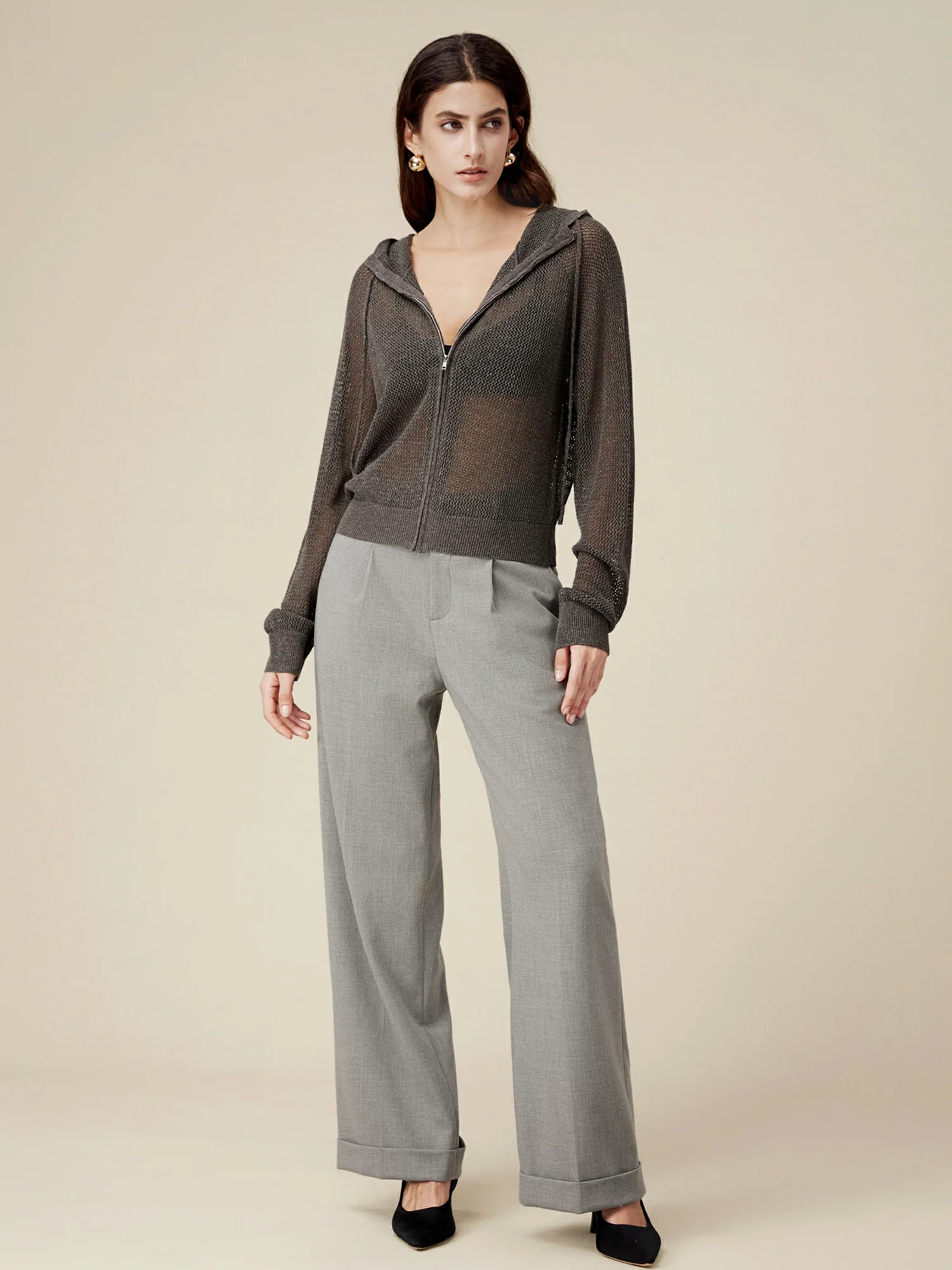 Linen & Lyocell Hooded Hollow Out Cardigan