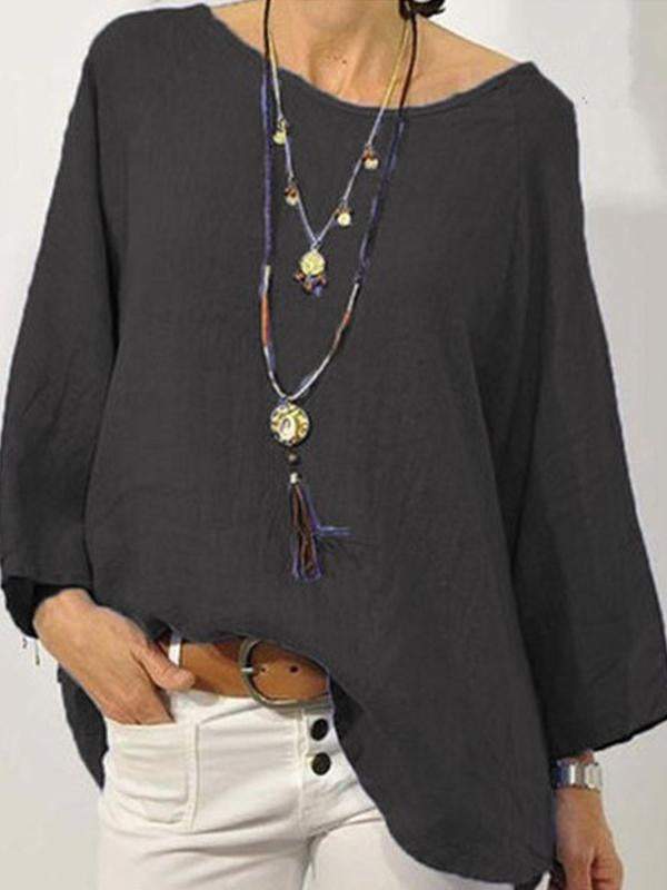 Women's Solid Color Cotton Linen Round Neck with Rotator Sleeve Nine-quarter Sleeve Shirt