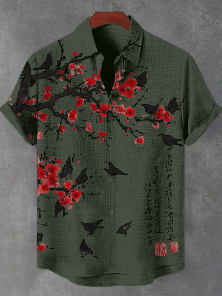 Men's Floral Bird Butterfly Art Print Short Sleeve Shirt