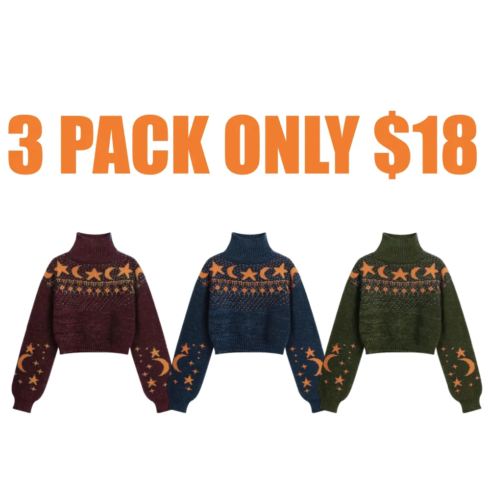 Women's Moon & Star Pattern High Neck Sweater