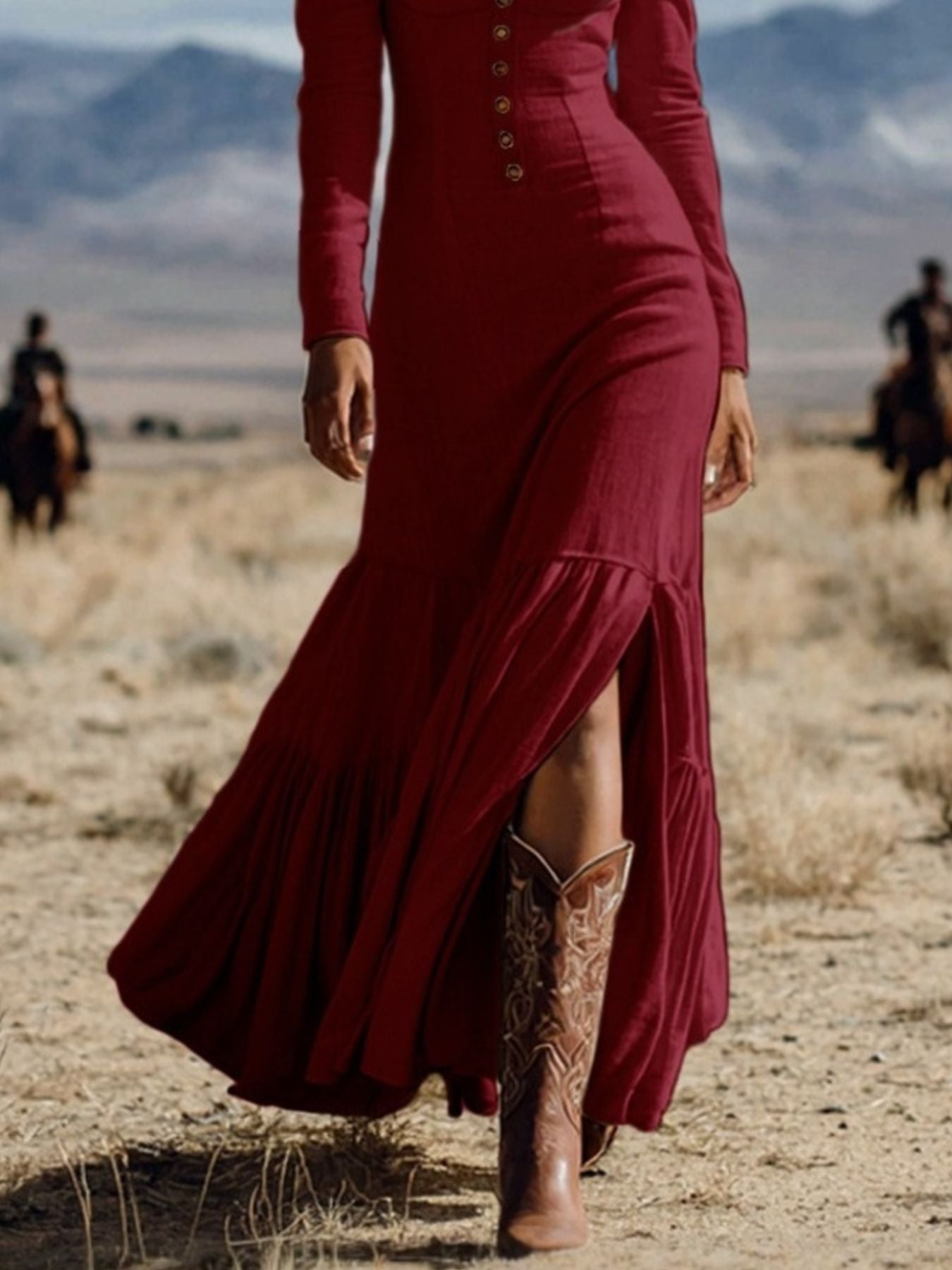 Slit Long Sleeve Tiered Maxi Dress