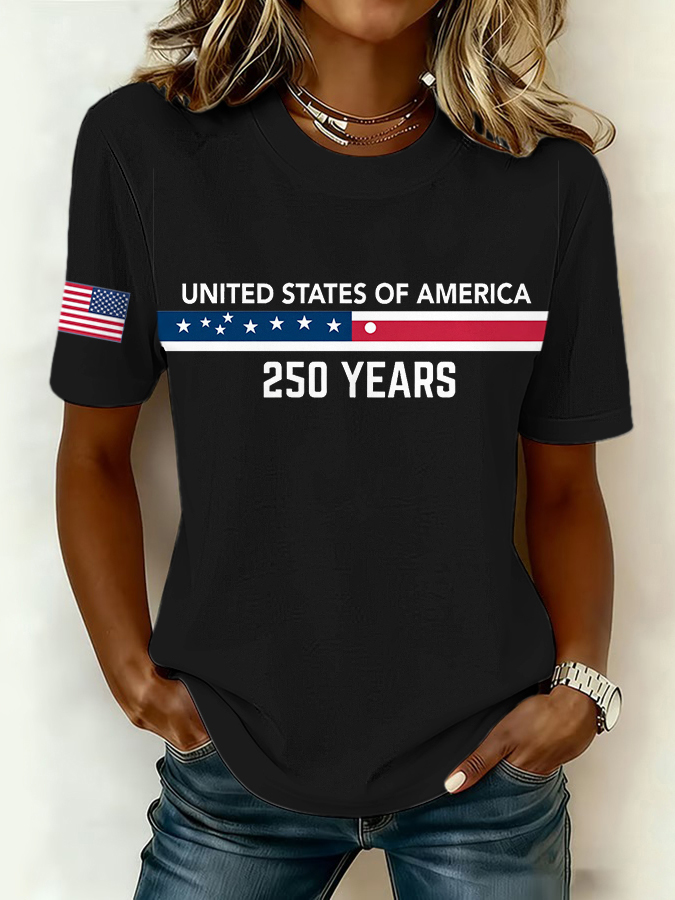 Women'S Retro American Independence Day Commemorative Printed Round Neck T-Shirt