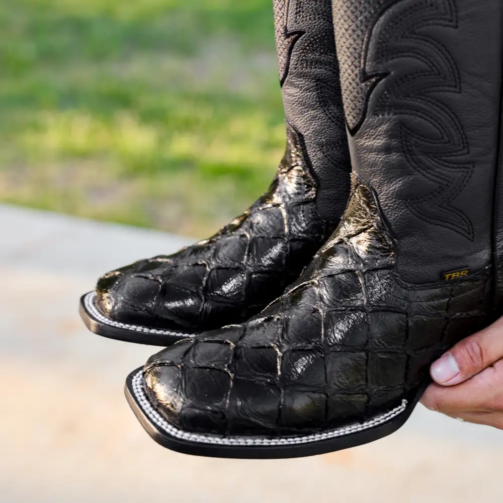 Black Pirarucu Leather Boots - Square Toe