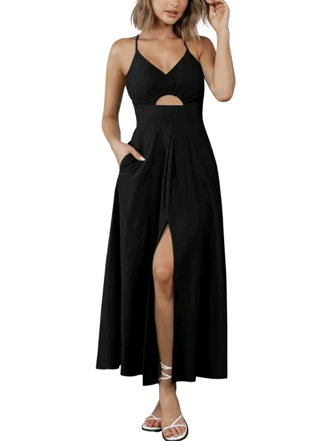 BTFBM Women's 2025 Summer Maxi Dress – Spaghetti Strap V-Neck Sleeveless Dress with Side Slit, Cutout Detail & Pockets | Casual Beach Party Outfit