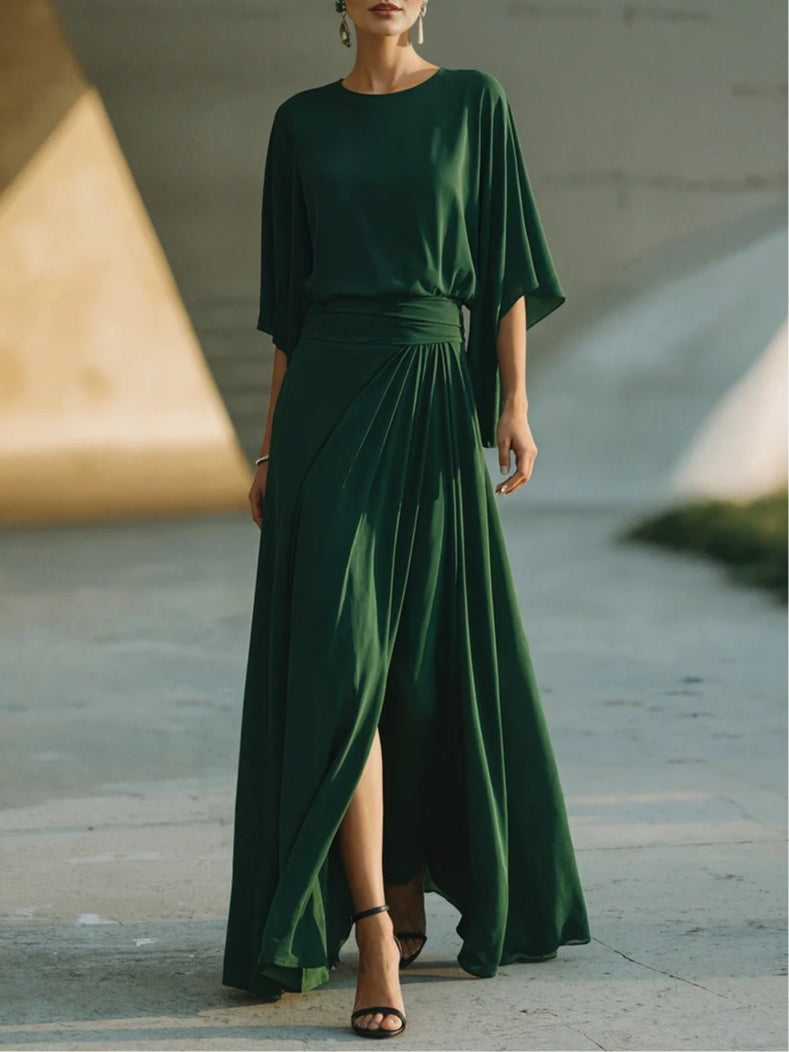 Dark Green Round Neck Chiffon Batwing-sleeve Maxi Dress