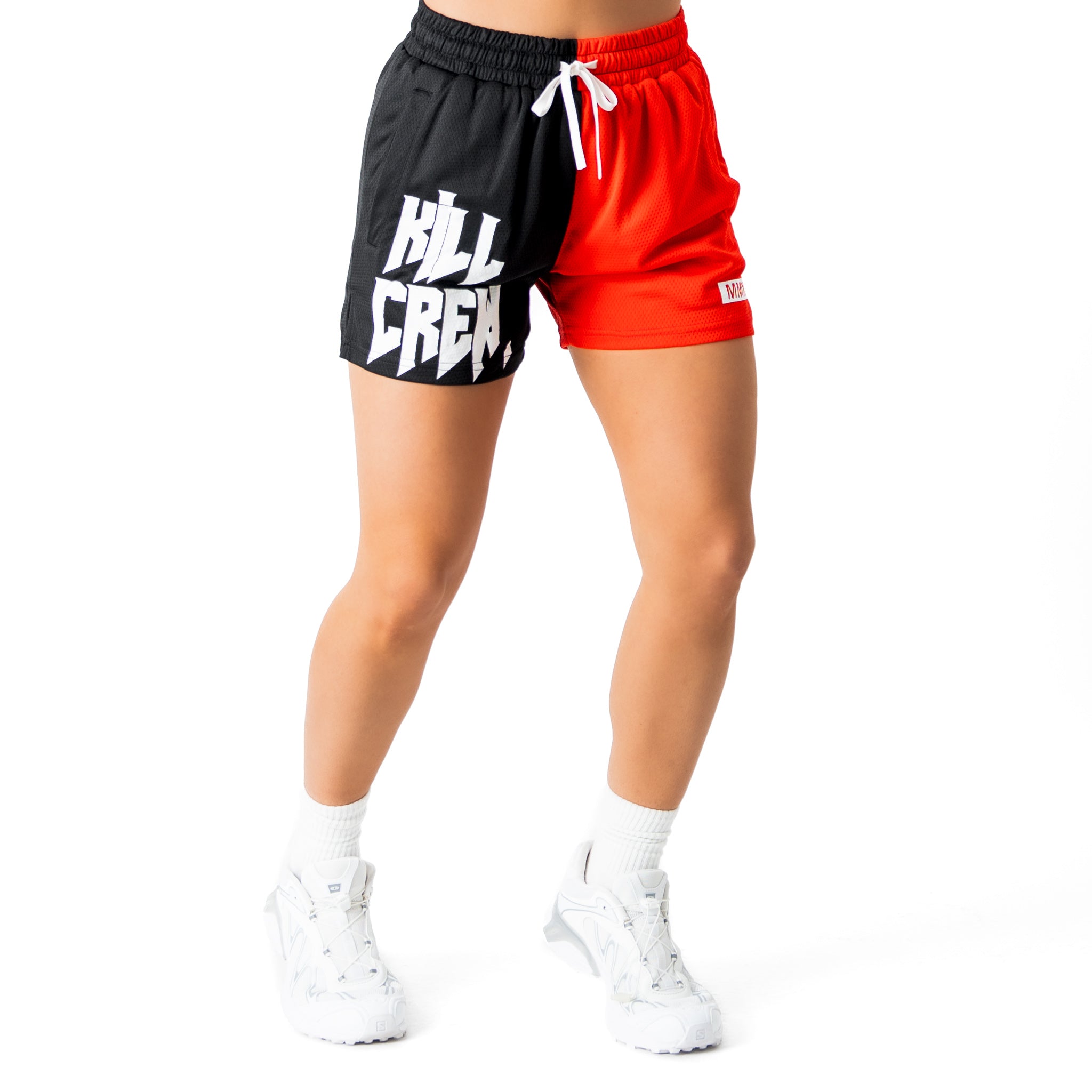 MUAY THAI SHORTS (MID THIGH CUT) 2 TONE - BLACK / RED