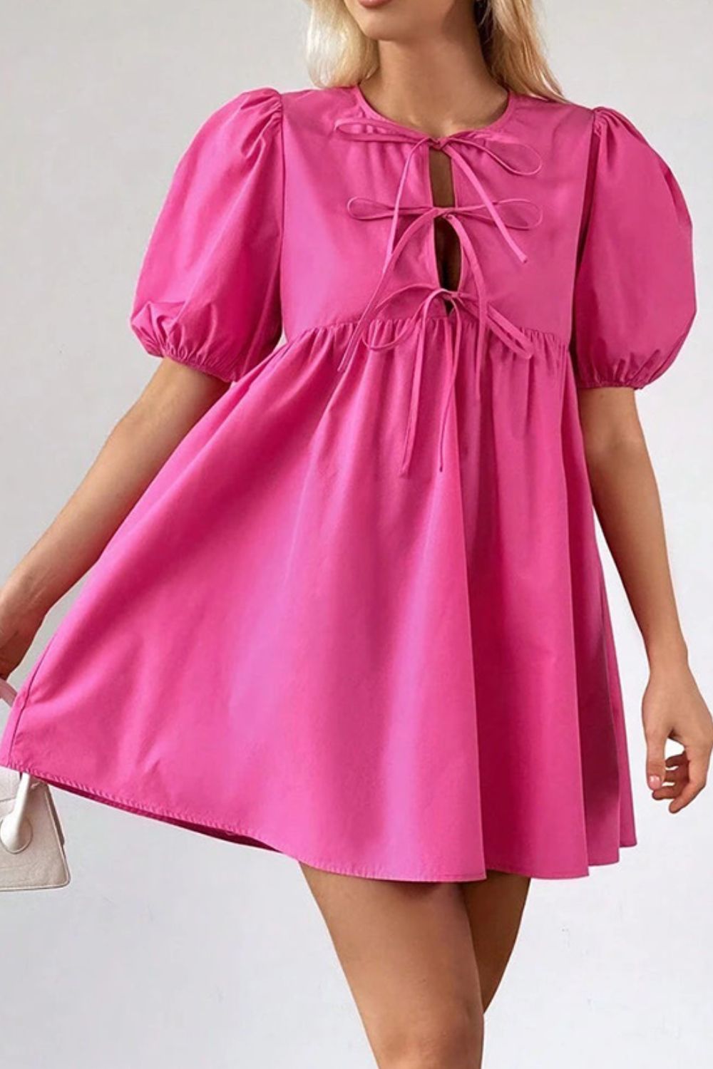 Puff Sleeve Tie Front High Waist Mini Dress