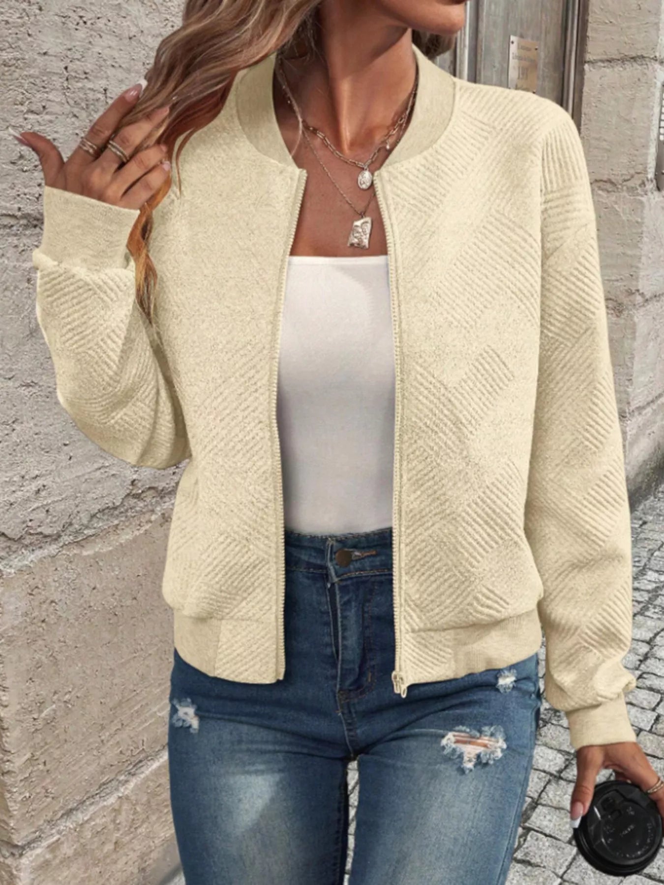 Textured Knit Zip-Up Bomber Jacket
