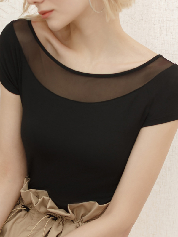 Gauze See-Through Split-Joint Short Sleeves Skinny Boat Neck T-Shirts