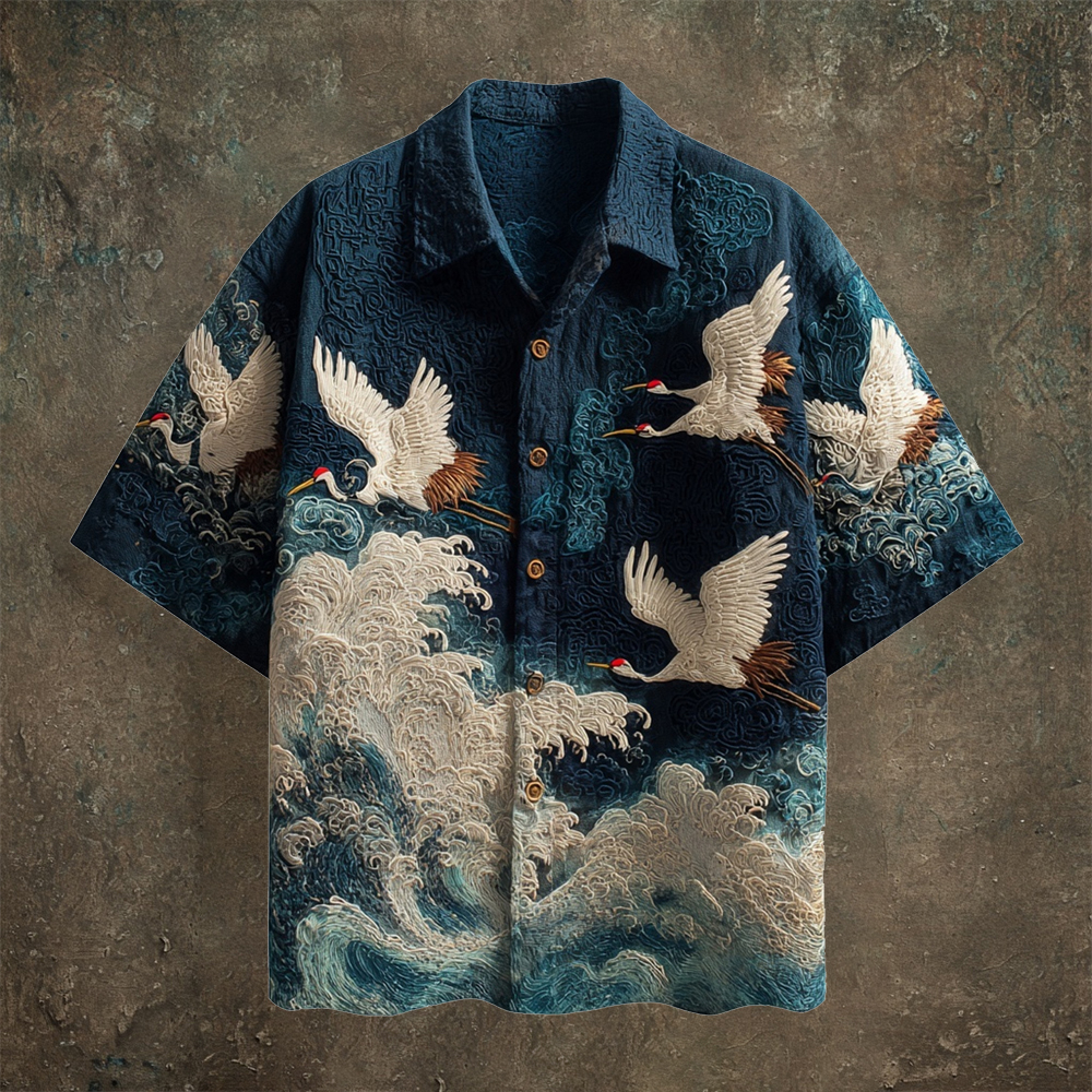 Japanese Wave & Crane Men's Casual Linen Short Sleeve Shirt