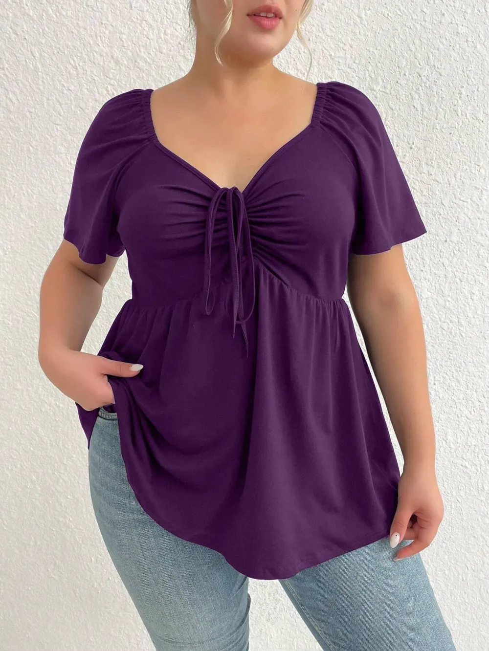 Plus Size Solid Color Rhinestone Collar Tie Front Short Sleeve Simple Casual T-Shirt