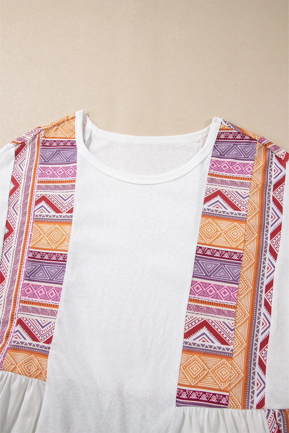 Western Aztec Print Patchwork Ruffled Tunic Long Sleeve Babydoll Top