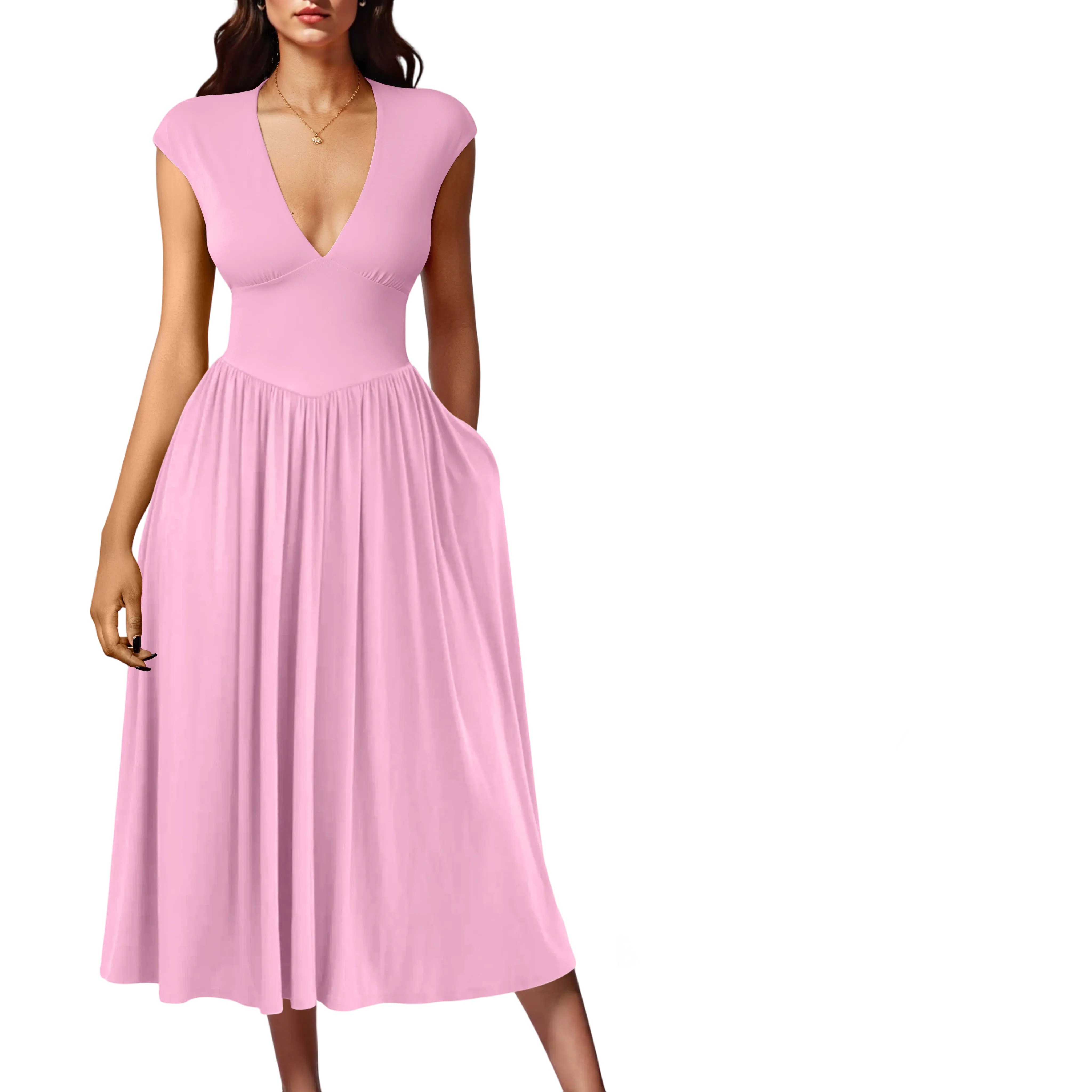 Women's Summer Deep V-Neck Cap Sleeve Pleated A‑Line Midi Dress with Pockets