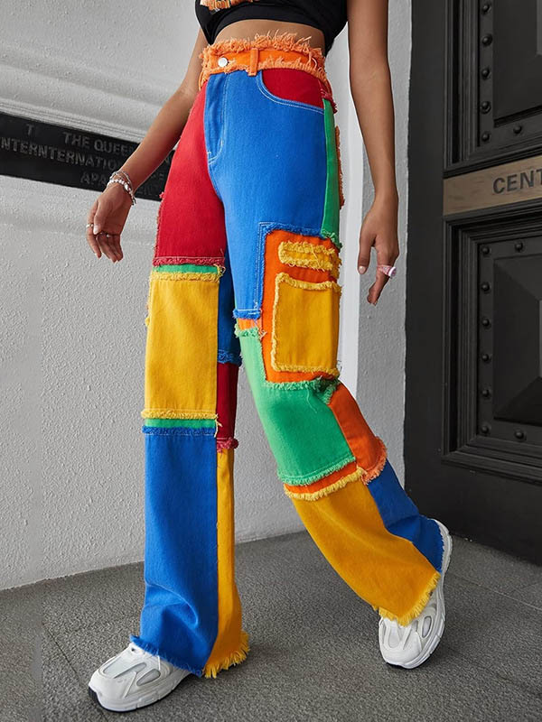 Buttoned Contrast Color Fringed Split-Joint High Waisted Loose Trousers Jean Pants Bottoms