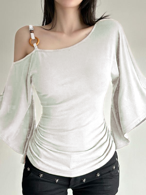 Women’s Retro Asymmetrical Beaded Shoulder Top – Slim Fit Flounce Sleeve Blouse