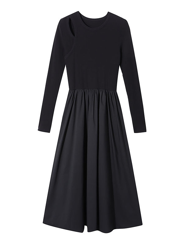 Elasticity Hollow Solid Color Split-Joint A-Line Long Sleeves Round-Neck Midi Dresses
