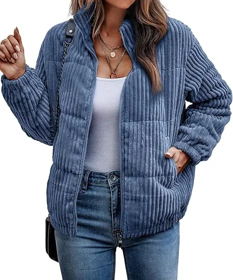 Women's Bomber Jacket Corduroy Ribbed Quilted Zip Up Long Sleeve Winter Coat Fall Outerwear Tops with Pockets