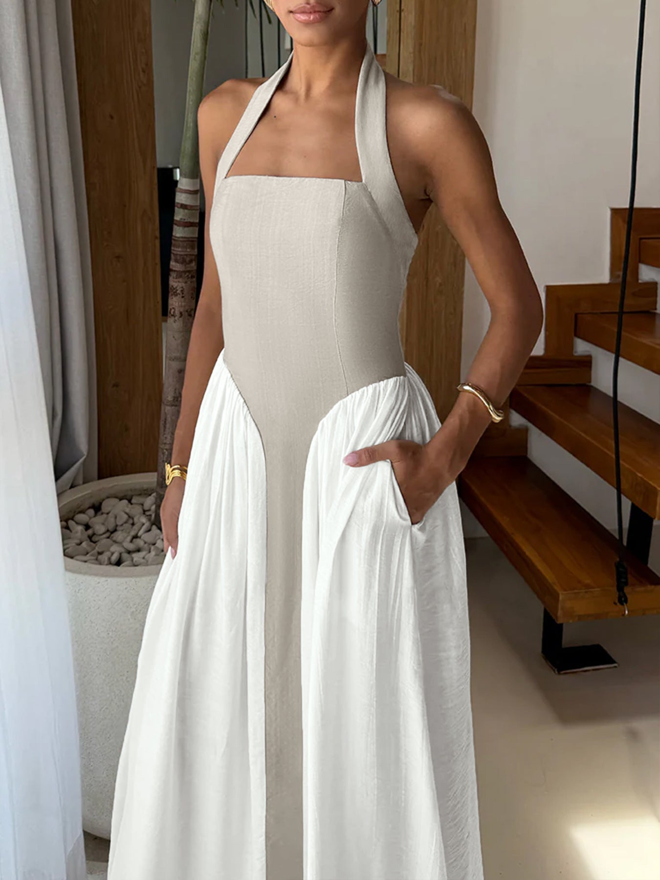 Halter Neck Two-Tone Maxi Dress