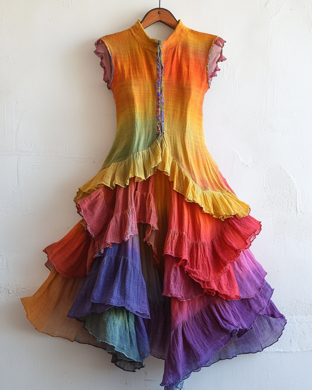 Summer Rainbow Gradient Linen Ruffle Dress  a91f