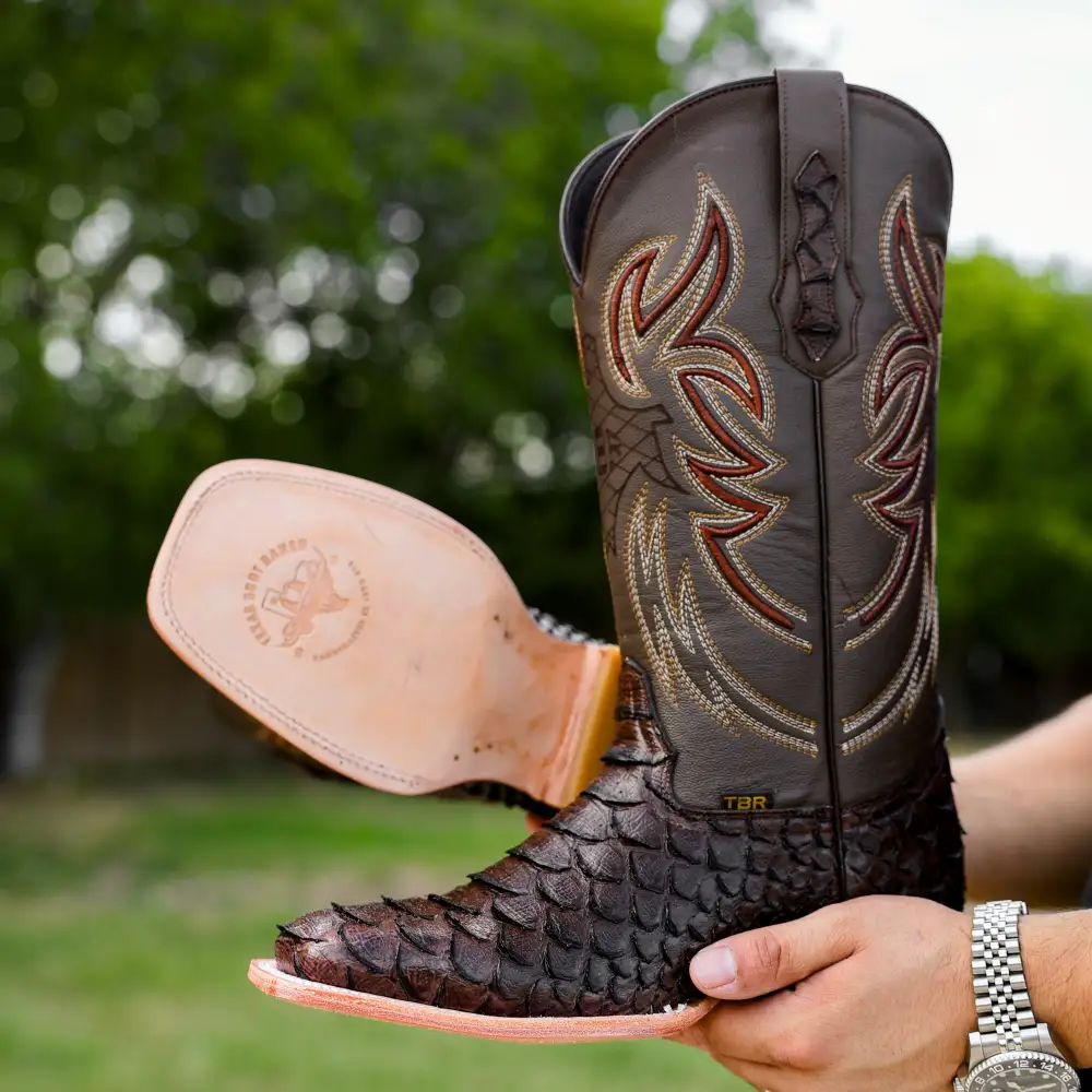 Chocolate Brown Python Leather Boots - Square Toe