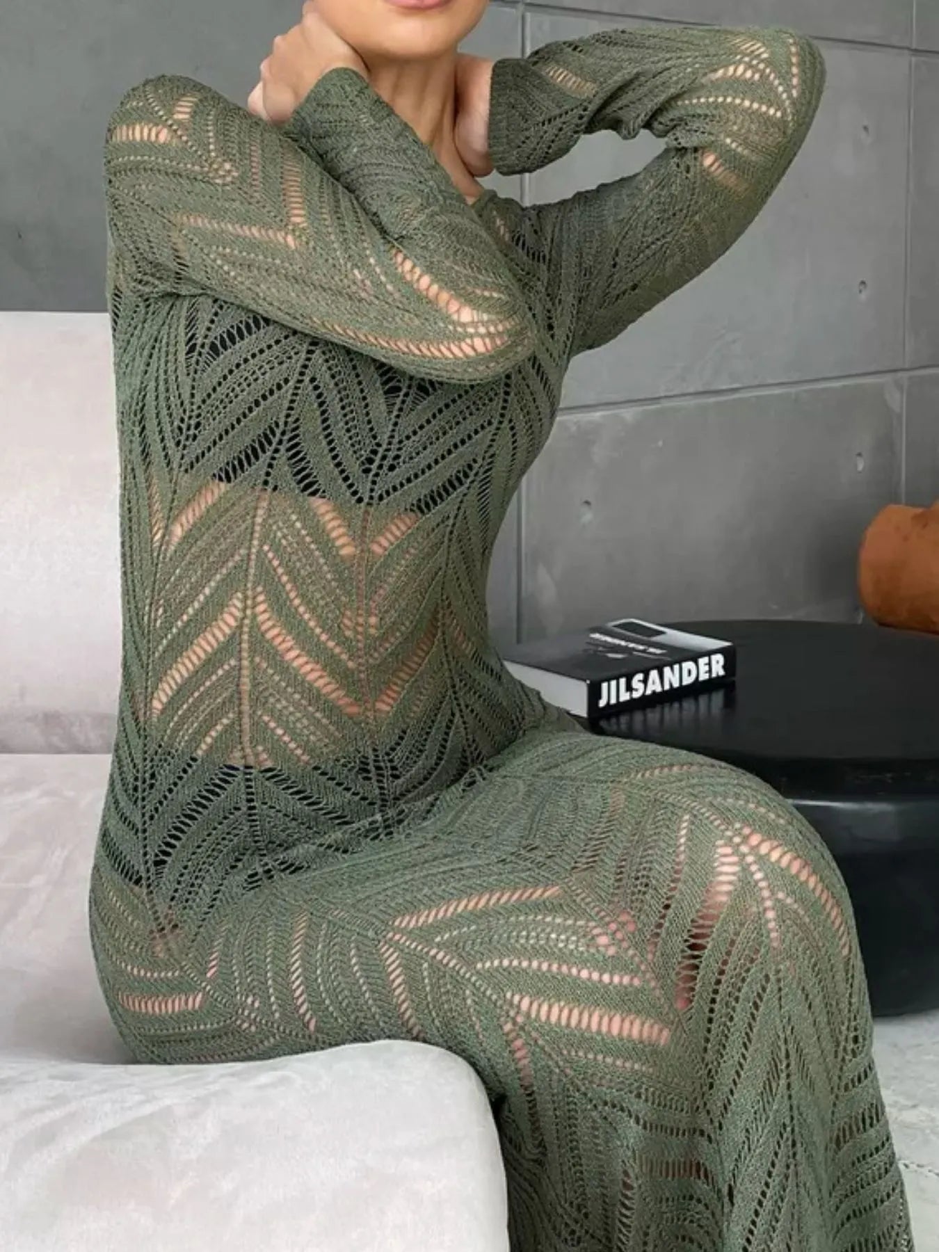 Openwork Long Sleeve Knit Cover Up Dress