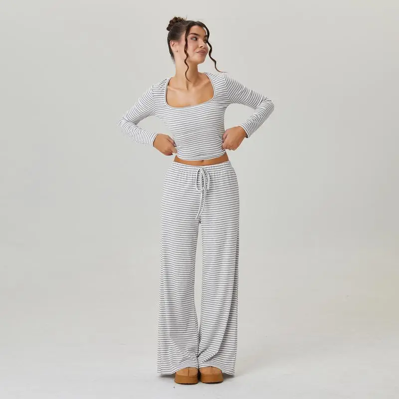 Women's Stripe Square Neck Long Sleeve Crop Top & Wide Leg Trousers Set