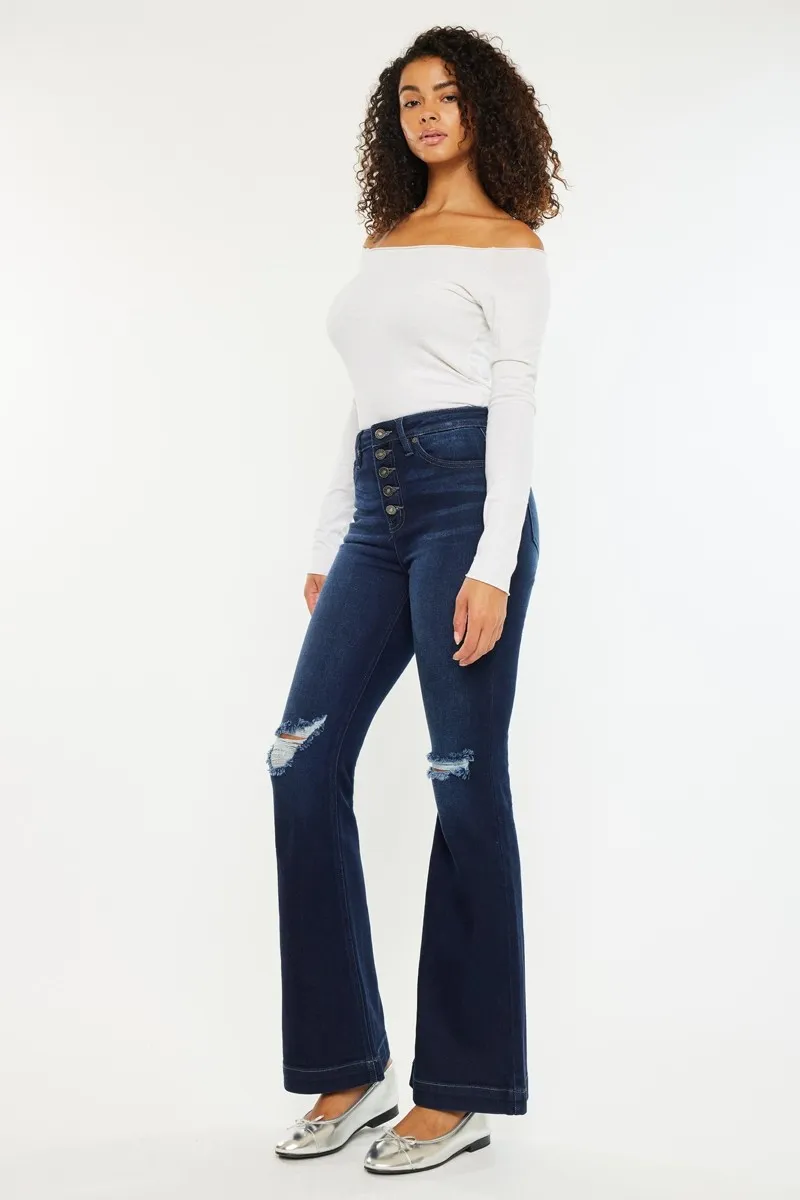 Button Fly High Rise Distressed Flare Jeans