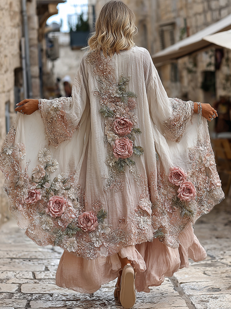 Women's Vintage Bohemian Pink Floral Embroidered Art Casual Linen Blend Long Cardigan