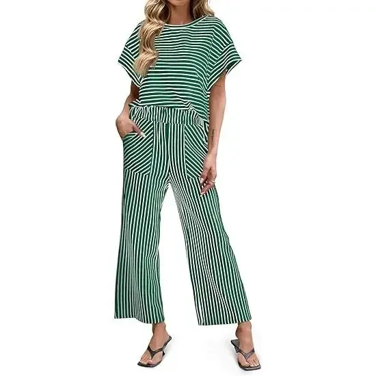 Women’s Striped Batwing Top & Wide Leg Pants 2-Piece Lounge Set with Pockets