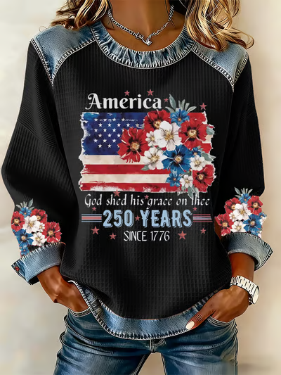 Ladies' Retro American 250Th Independence Day Round Neck Waffle Hoodie