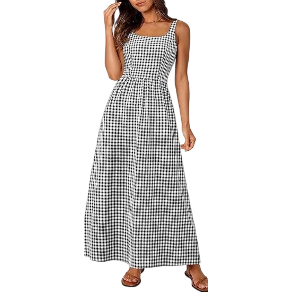 Women's Plaid Square Neck Maxi Dress, Spaghetti Strap A-Line Casual Beach Sundress