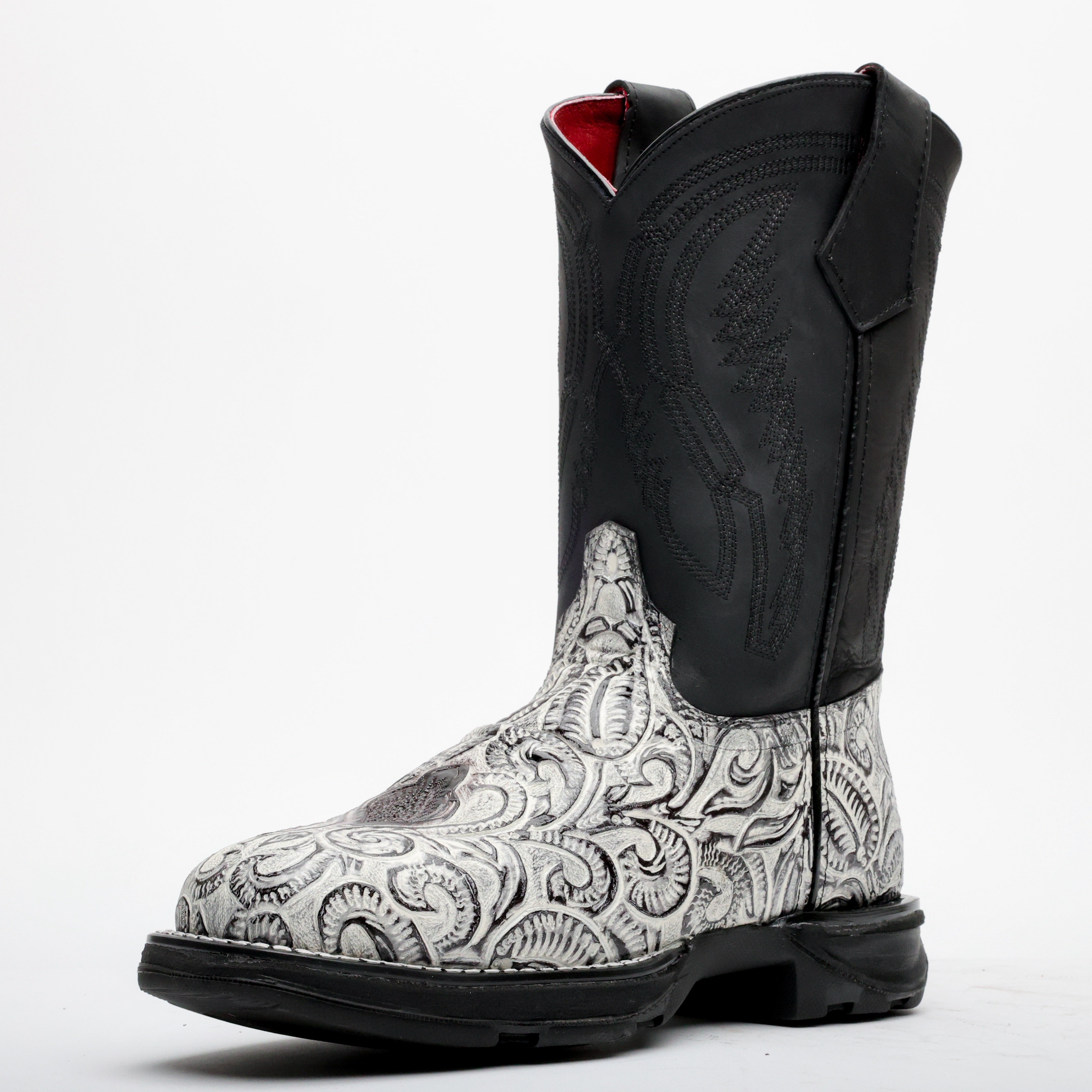 Snow White Hand-Tooled Leather Boots With 3D Lightweight Sole - Composite Toe