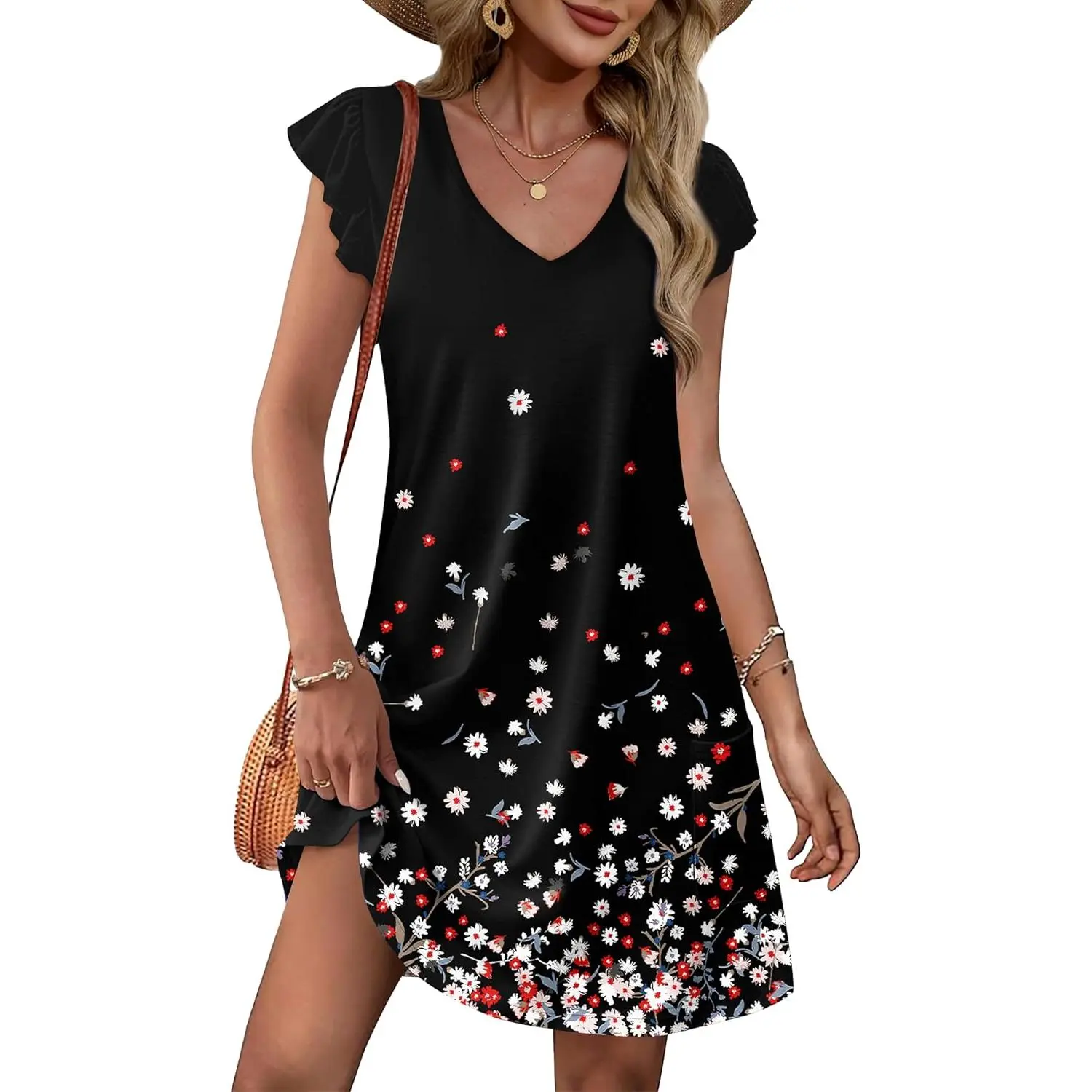 Womens Summer Dresses Ruffle Sleeve V Neck Loose Swing Sundresses with Pockets Plain/Print