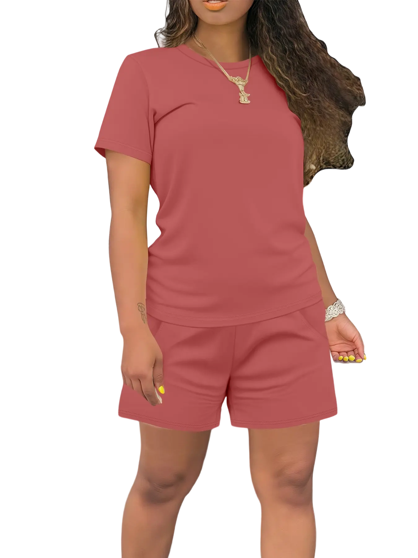 Women's Summer Casual Set, Regular Fit Short Sleeve Top & Shorts, Plain Color Women's, Comfortable Daily Wear Womenswear Fitted Outfit