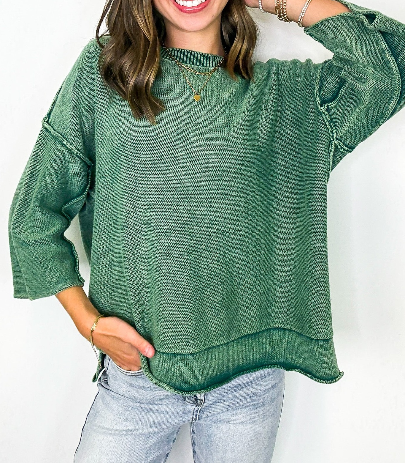 Cozy Fade Washed 3/4 Sleeve Relaxed Sweater