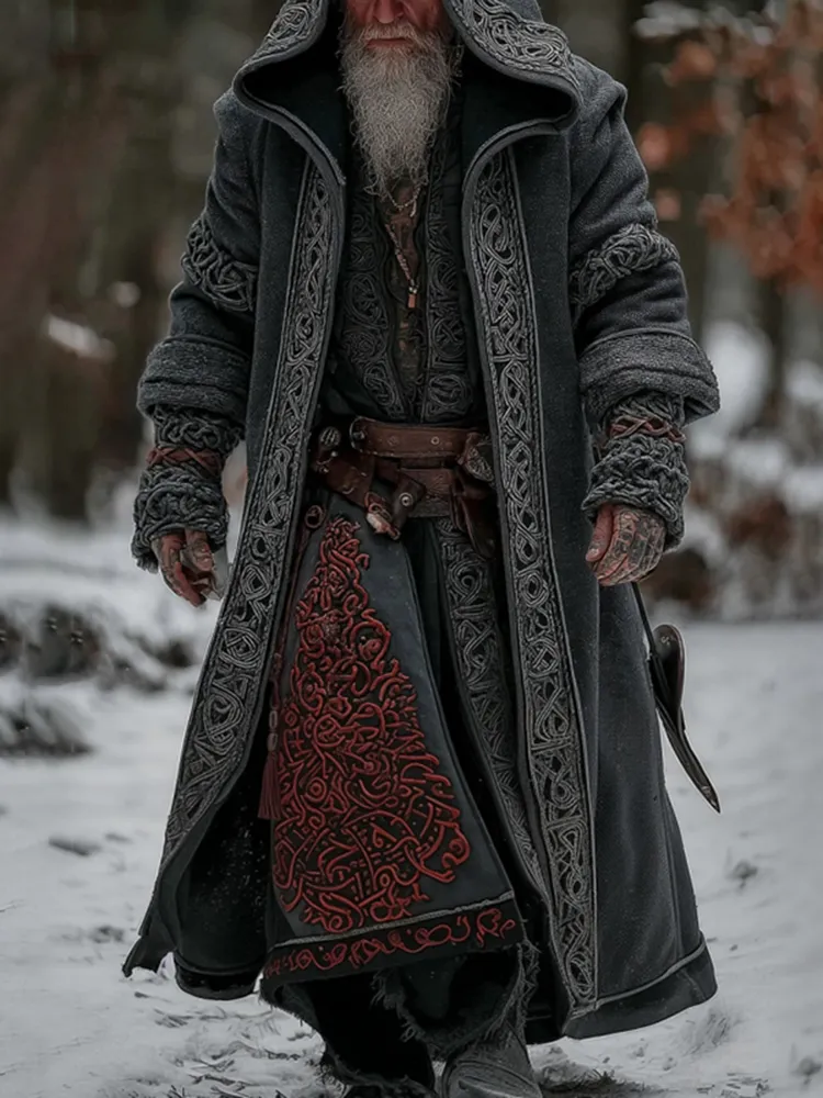 Men's Vintage Viking Tribal Celtic Knot Art Pocket Long Cardigan Sweater