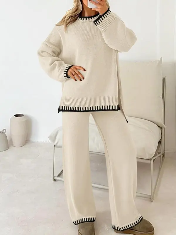 Women's Round Neck Colorblock Sweater Top and Long Sweatpants Set