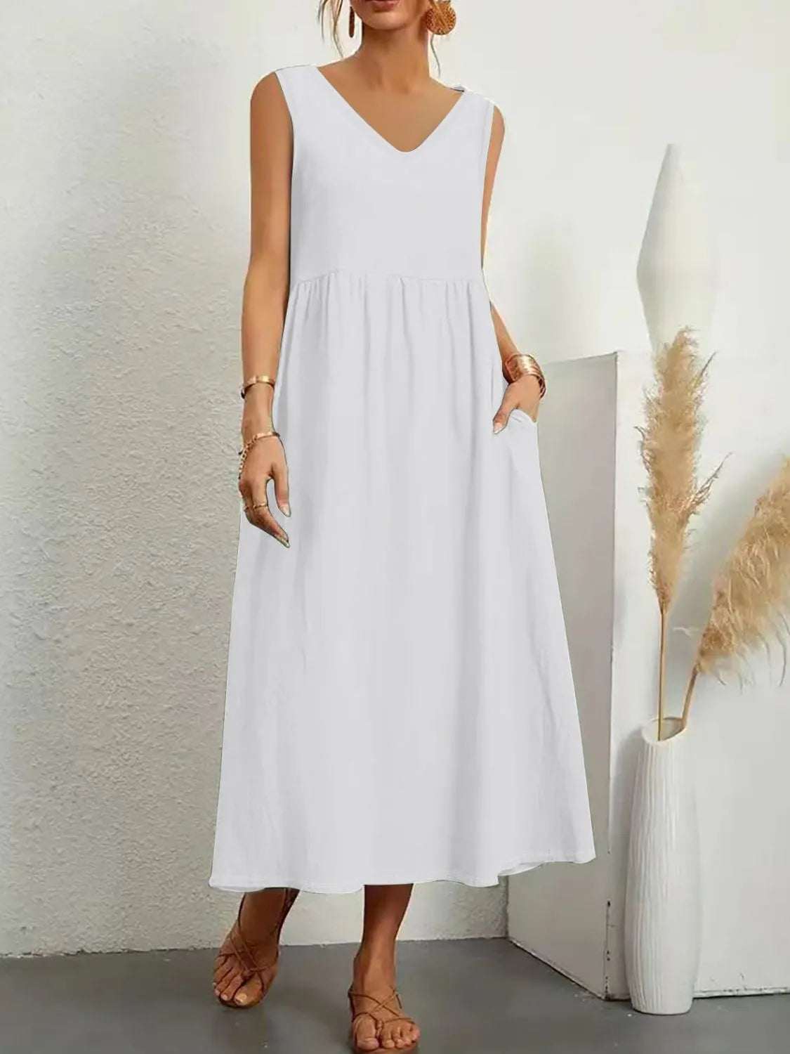 Full Size Pocketed V-Neck Sleeveless Midi Dress Plus Size