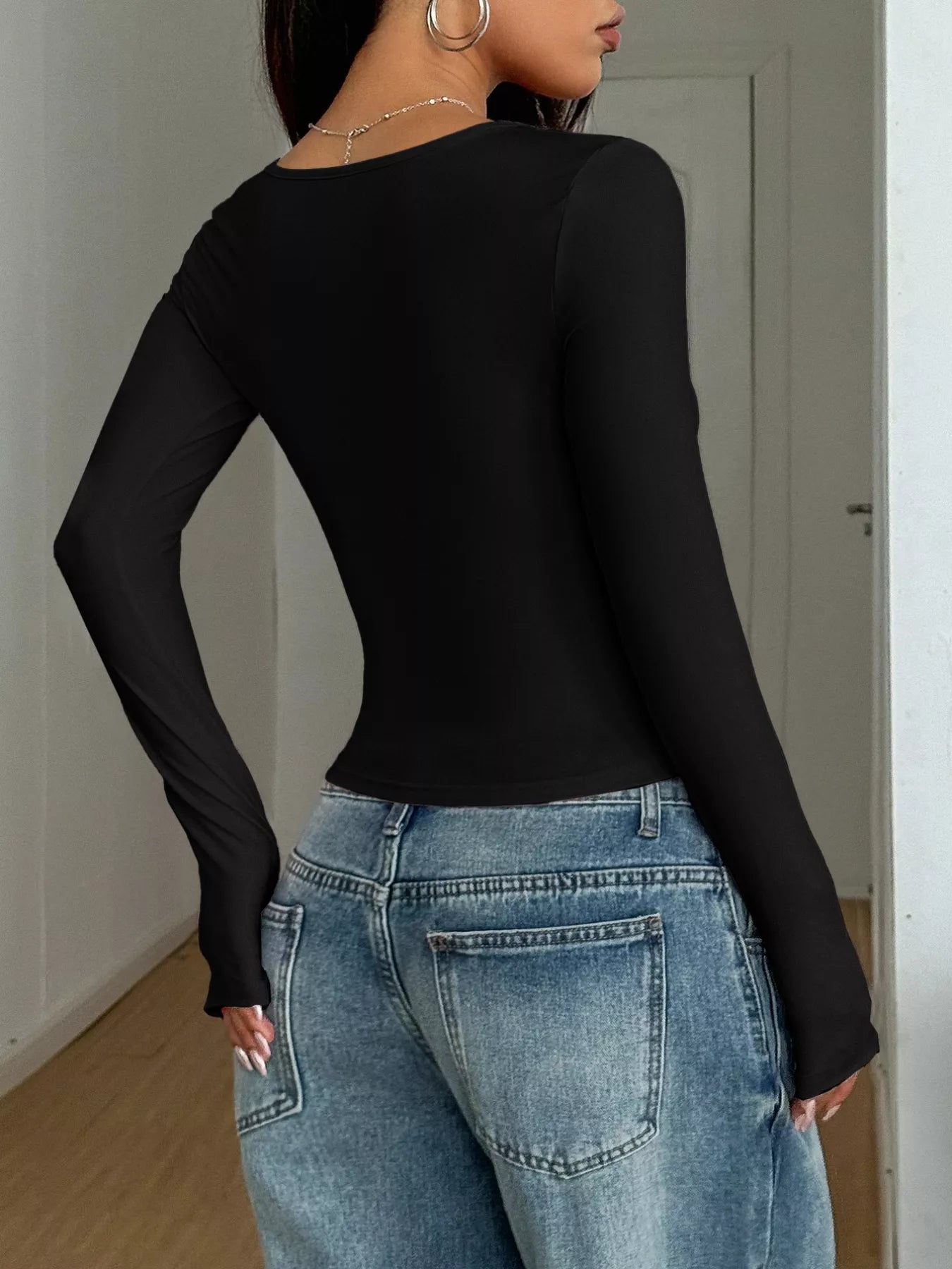 Solid Color Square Neck Long Sleeve Slim Fit T-Shirt