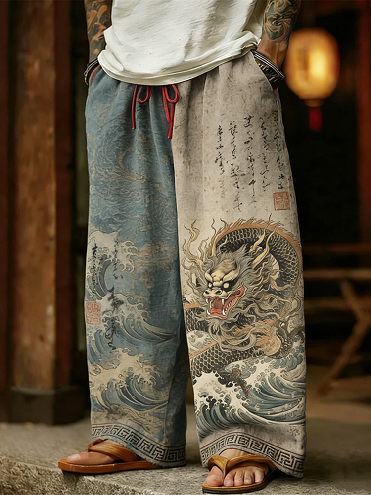 Men's Retro Calligraphy Dragon With Waves Art Linen Pants