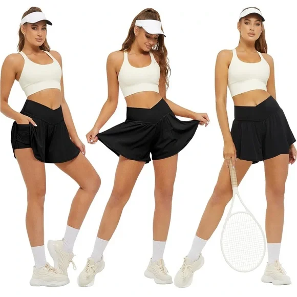 Crossover Athletic Shorts for Women 2 in 1 Flowy Running Shorts with Pockets