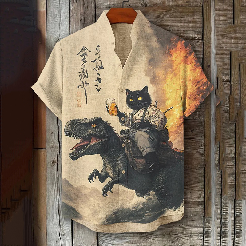 Men's Black Cat Samurai Dinosaur With Beer Print Short Sleeve Shirt
