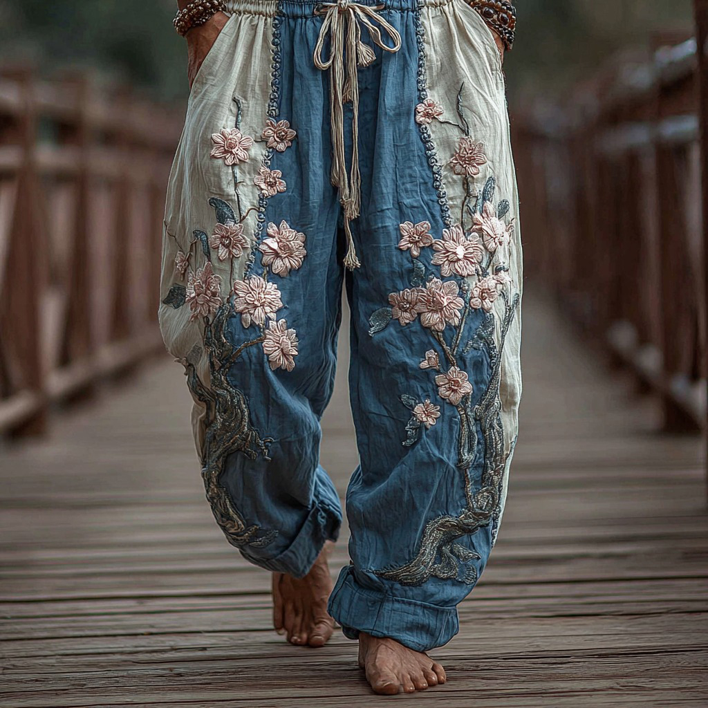 Men's Japanese Cherry Blossoms Embroidered Art Wide Leg Linen Pants