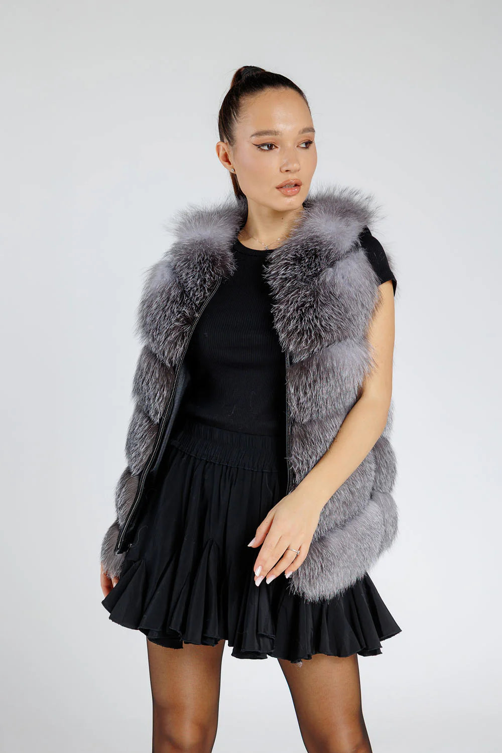 Haină din Blană Naturală de Vulpe Argintie, cu Mâneci Detașabile, Femei, Grey Frost 235