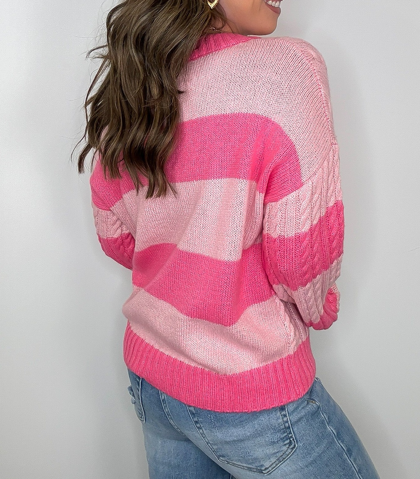 V-Neck Striped Cable Knit Sweater