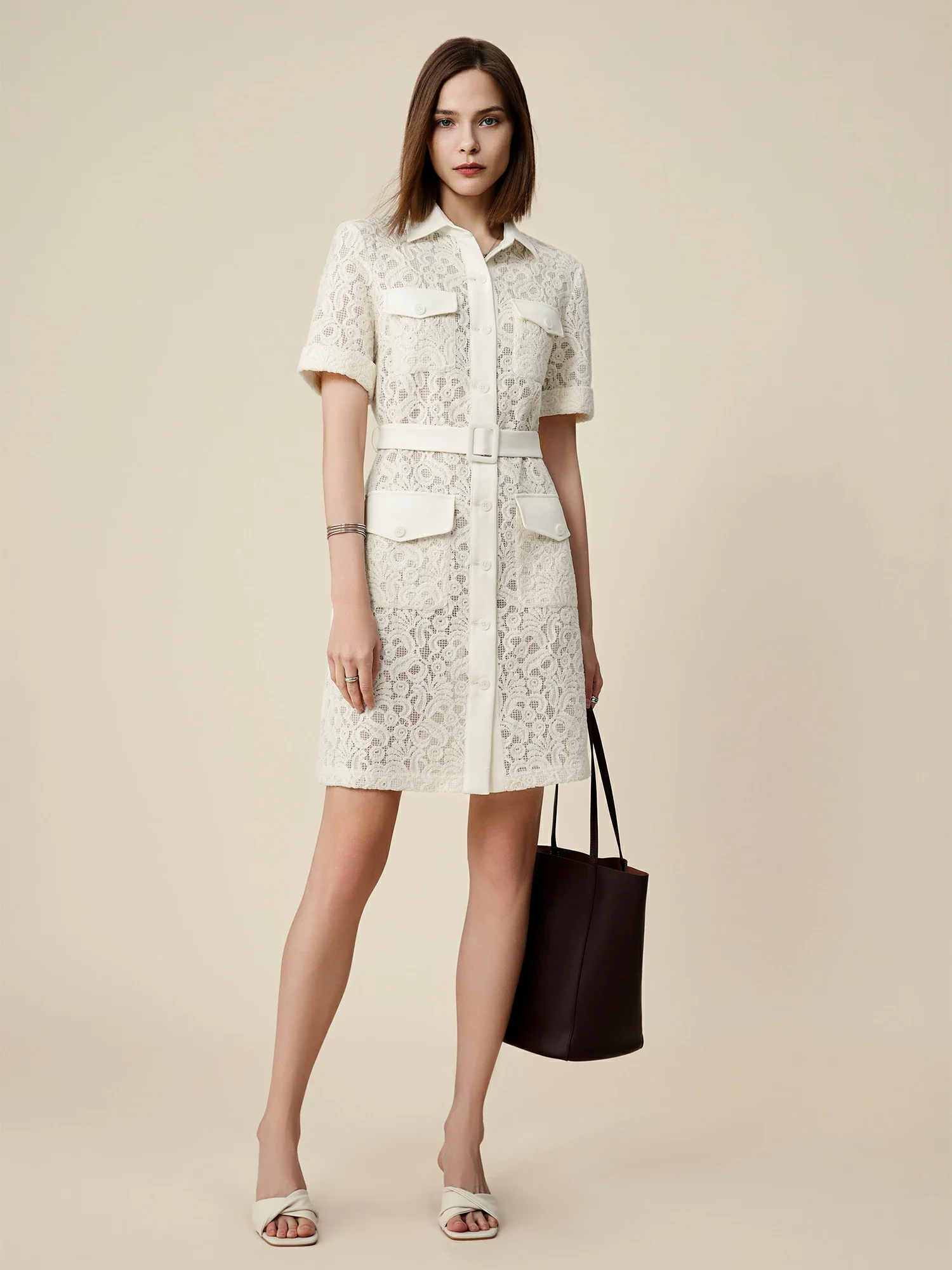 70% Cotton Lapel Short Sleeve Lace Pocket Dress