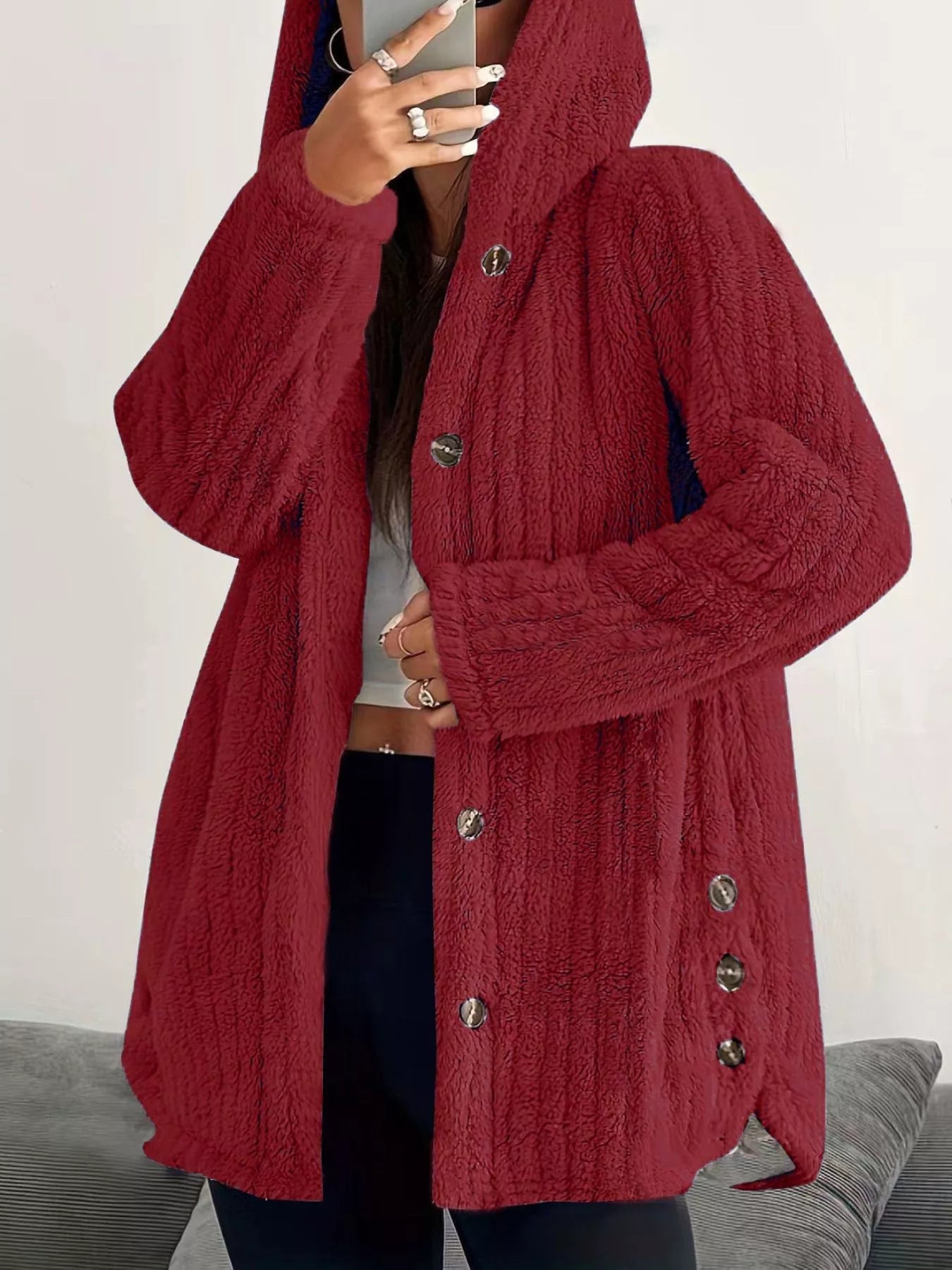 Full Size Fleece Button Up Hooded Outerwear Plus Size